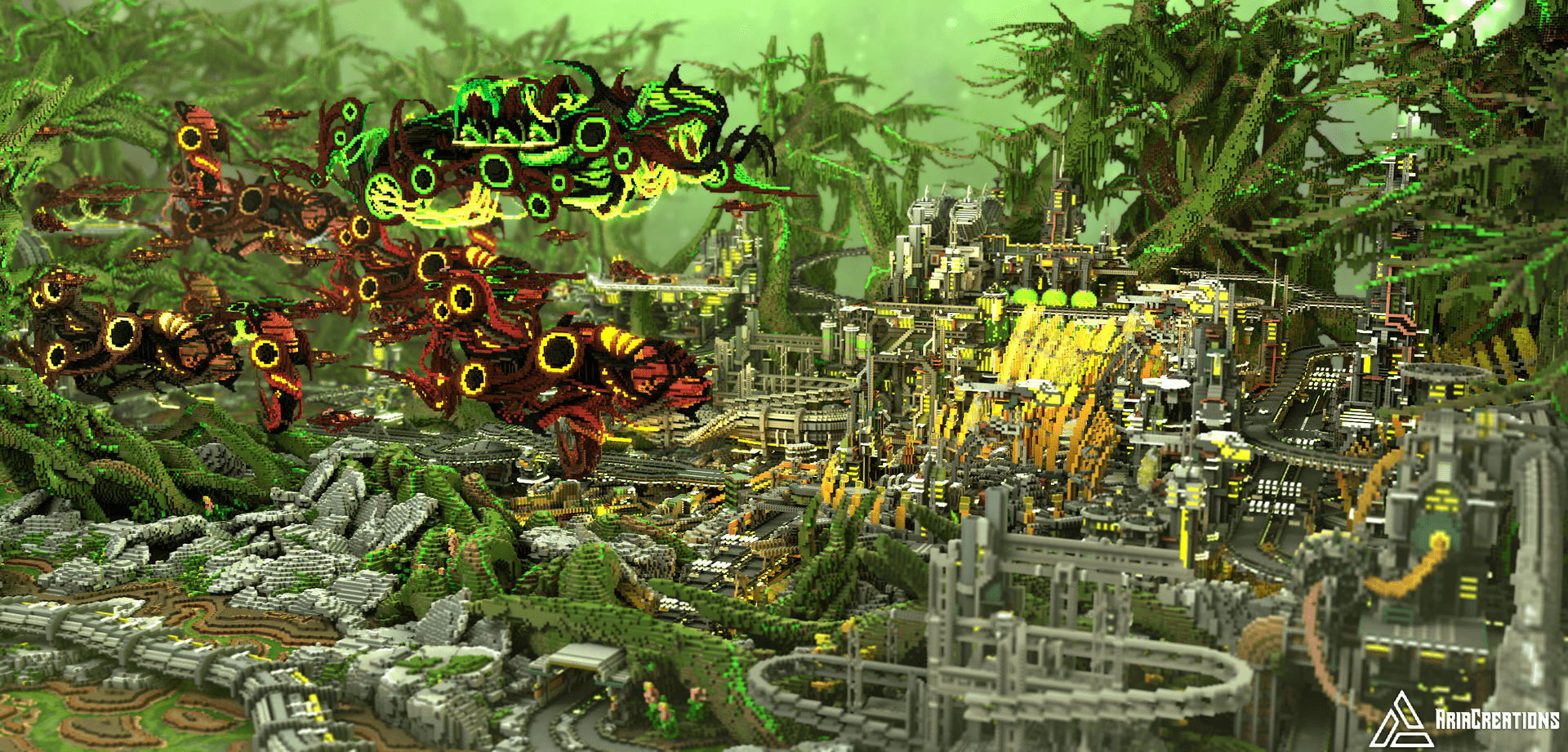 Sideview of the city within the alien swamp