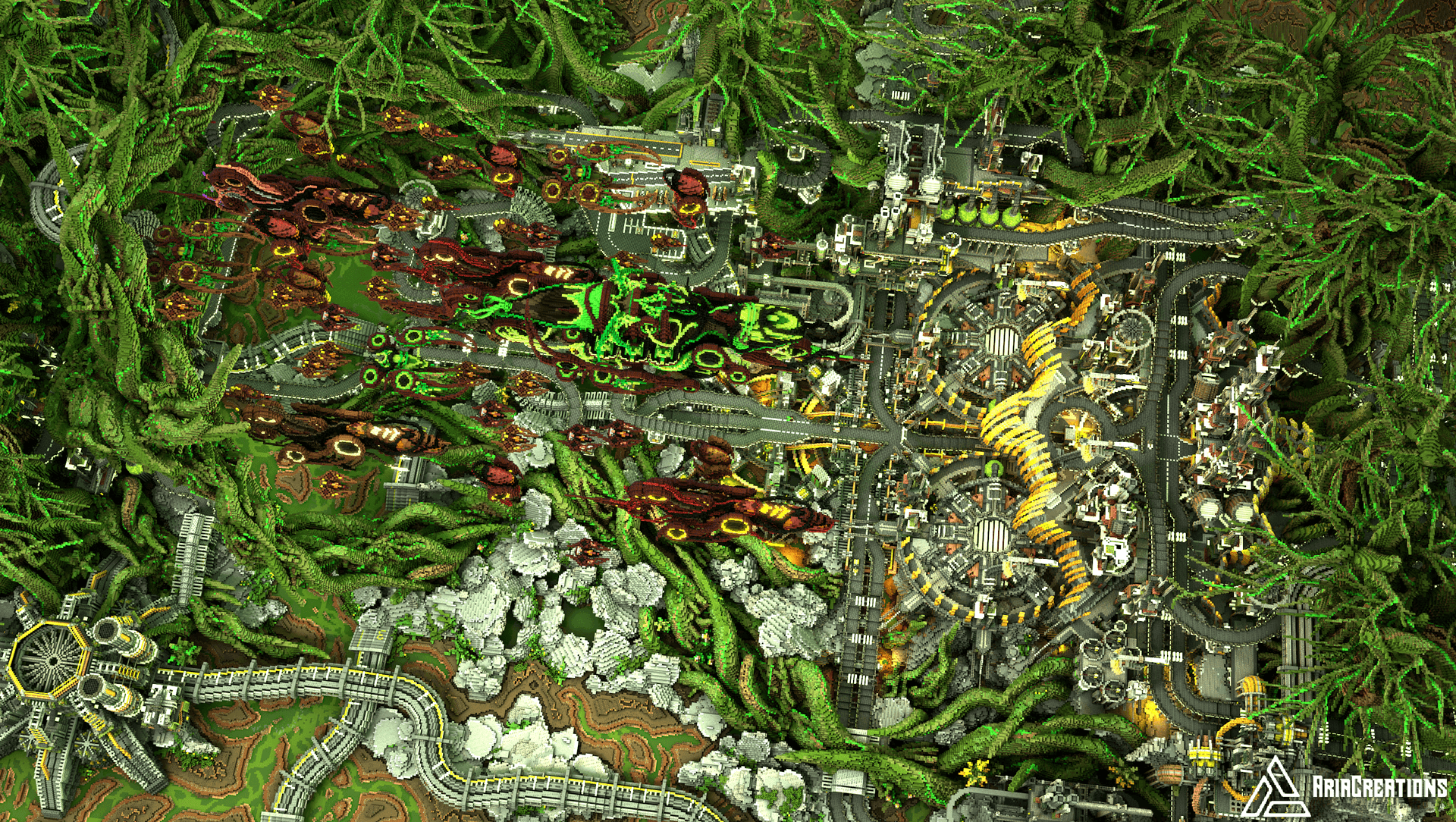Topview of the city within the alien swamp